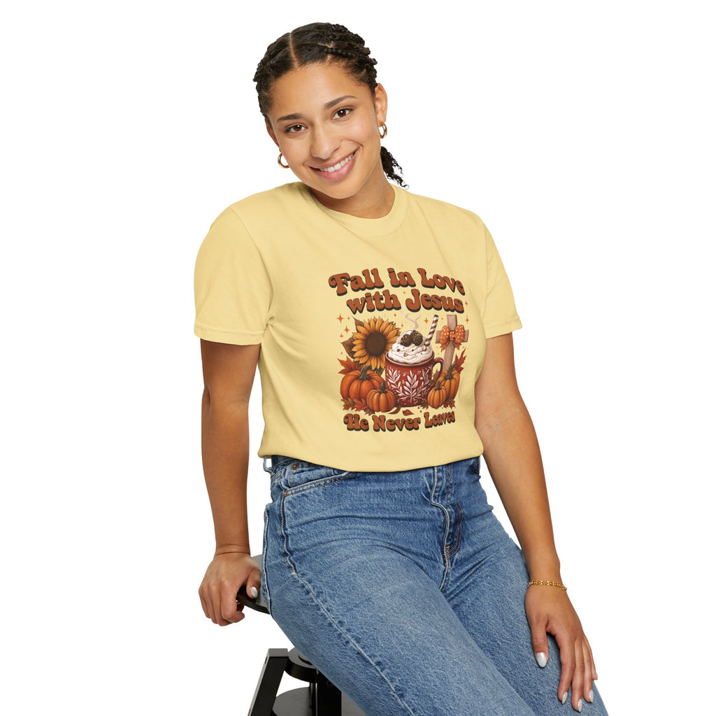 Fall in Love with Jesus Unisex Garment Dyed Comfort Colors T-Shirt | Christian Fall T-Shirt | Faith Based Thanksgiving Tee | Unisex Religious Cotton Top