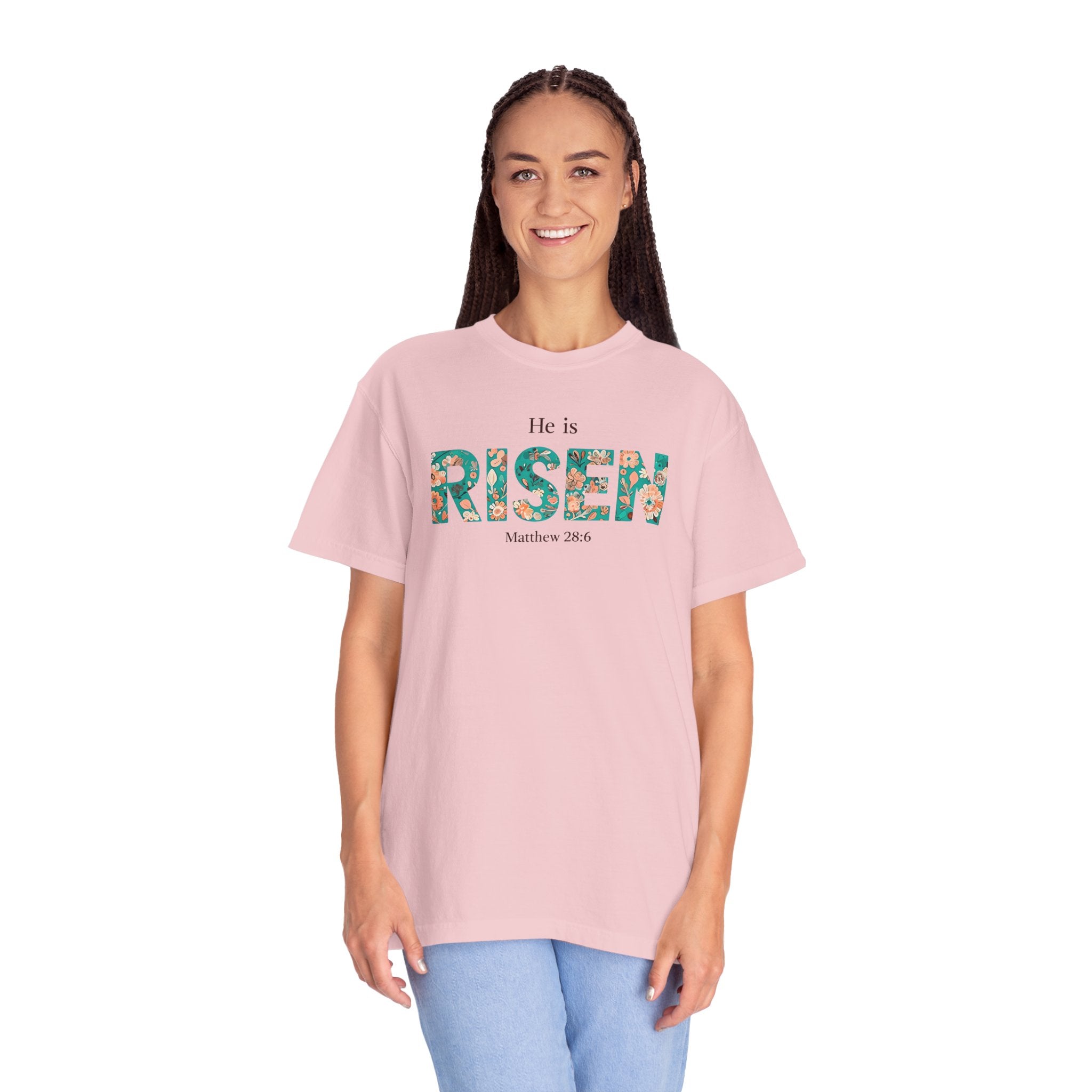He is RISEN Christian T-Shirt | Easter Women’s Faith Shirt | Scripture Tee Matthew 28:6 | Floral Graphic | Garment-Dyed Cotton | S-4XL