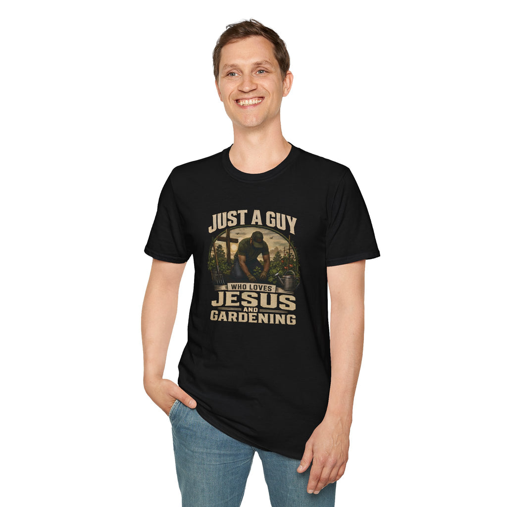 Just A Guy Who Loves Jesus And Gardening Gildan Christian T-Shirt for Men | Faith Based Gardening Shirt | Gardener Gift Tee