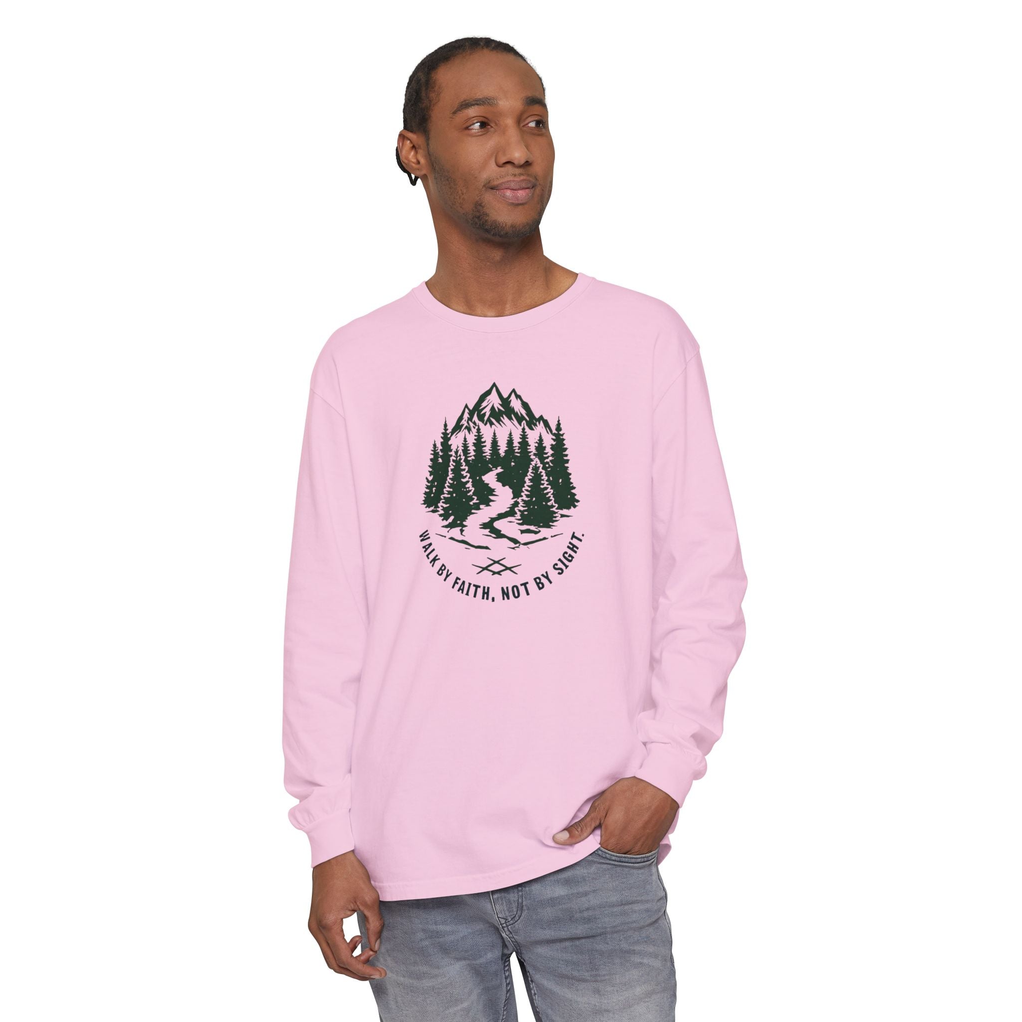 Walk by Faith, Not By Sight Comfort Colors Unisex Long Sleeve Shirt | Faith Mountain Graphic Tee | Garment Dyed Cotton