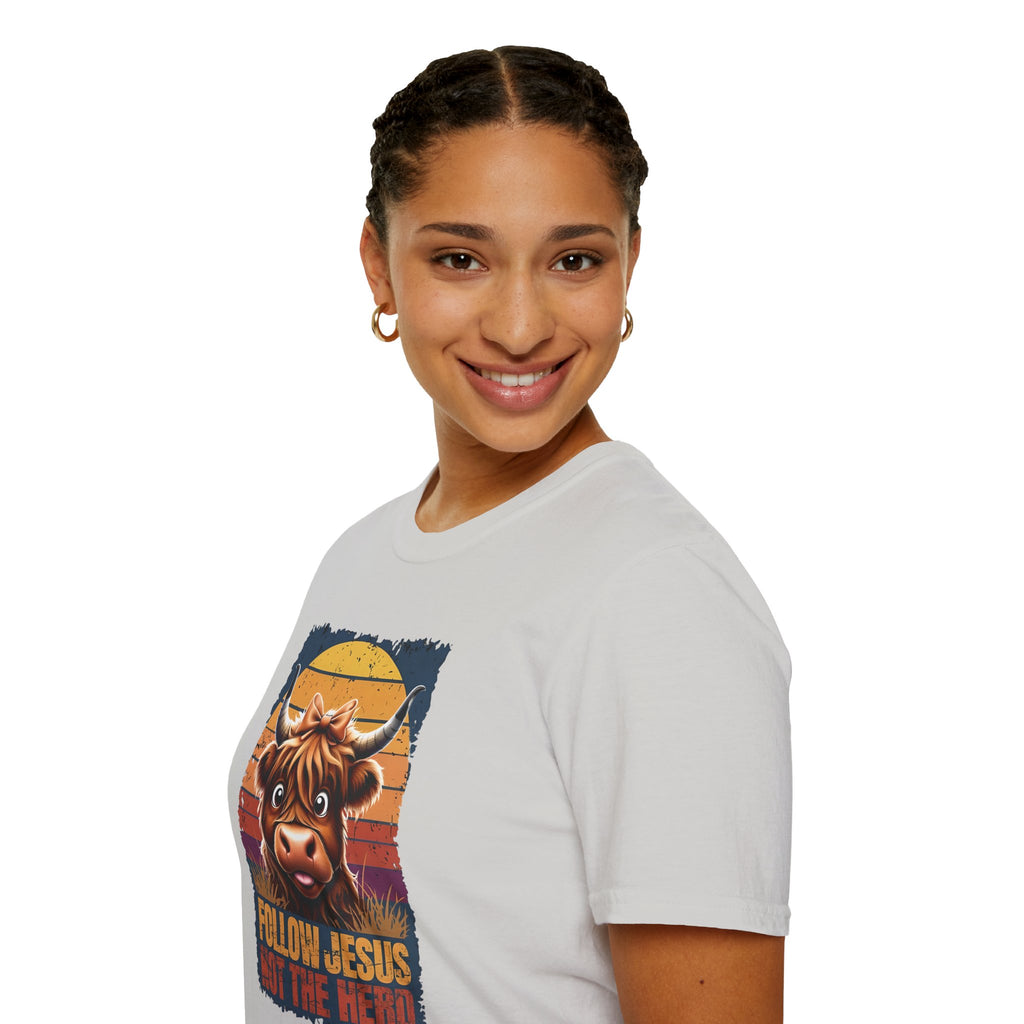 Follow Jesus Not The Herd Gildan Softstyle Unisex Tshirt | Highland Cow Christian Graphic T Shirt