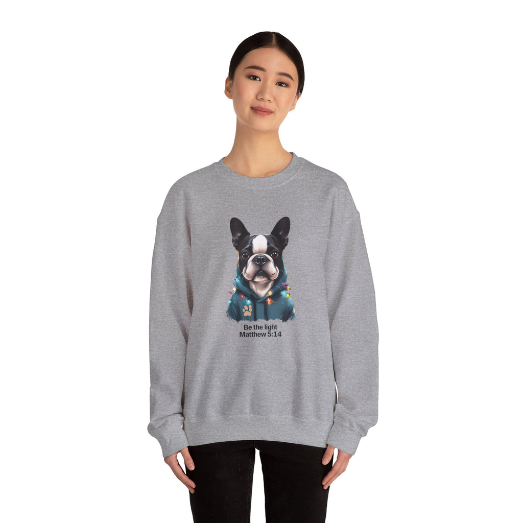 Be the Light Boston Terrier Christmas Gildan Sweatshirt | Christian Unisex Crewneck