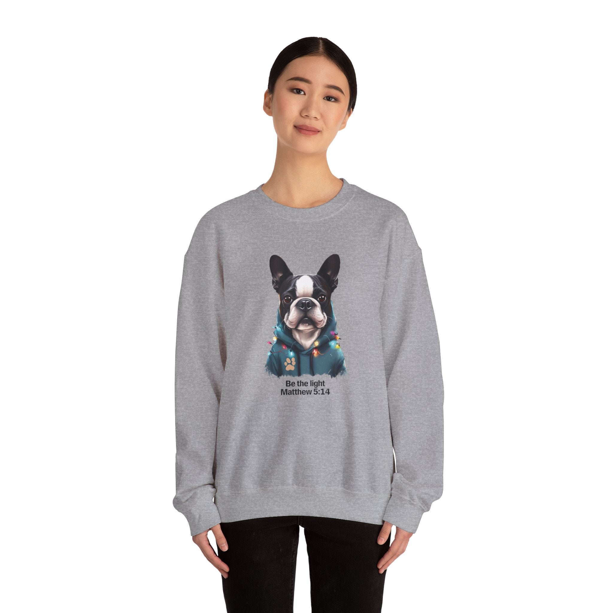 Be the Light Boston Terrier Christmas Gildan Sweatshirt | Christian Unisex Crewneck