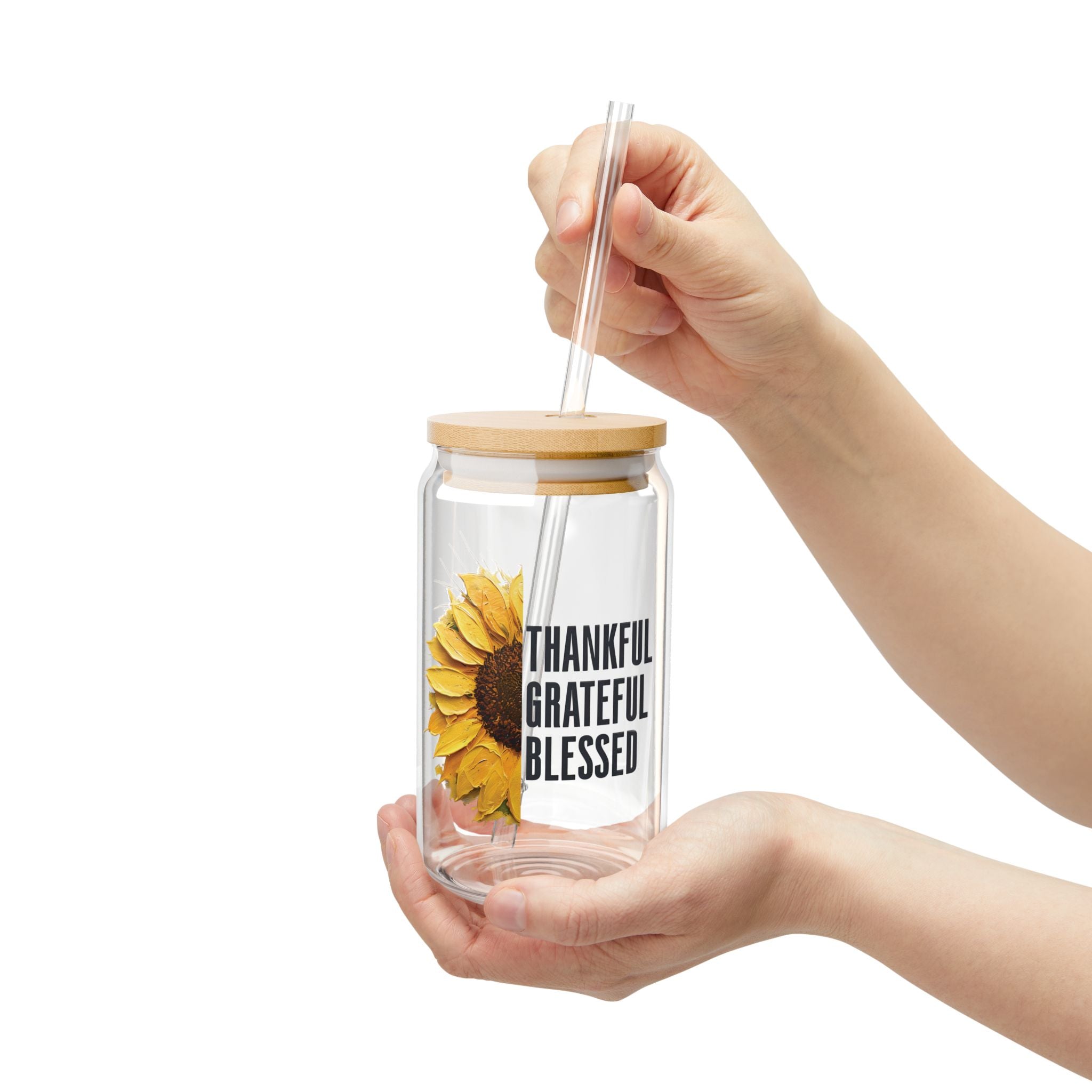 Faith Sunflower Sipper Glass 16oz Christian Drinkware Iced Coffee Cup Gift