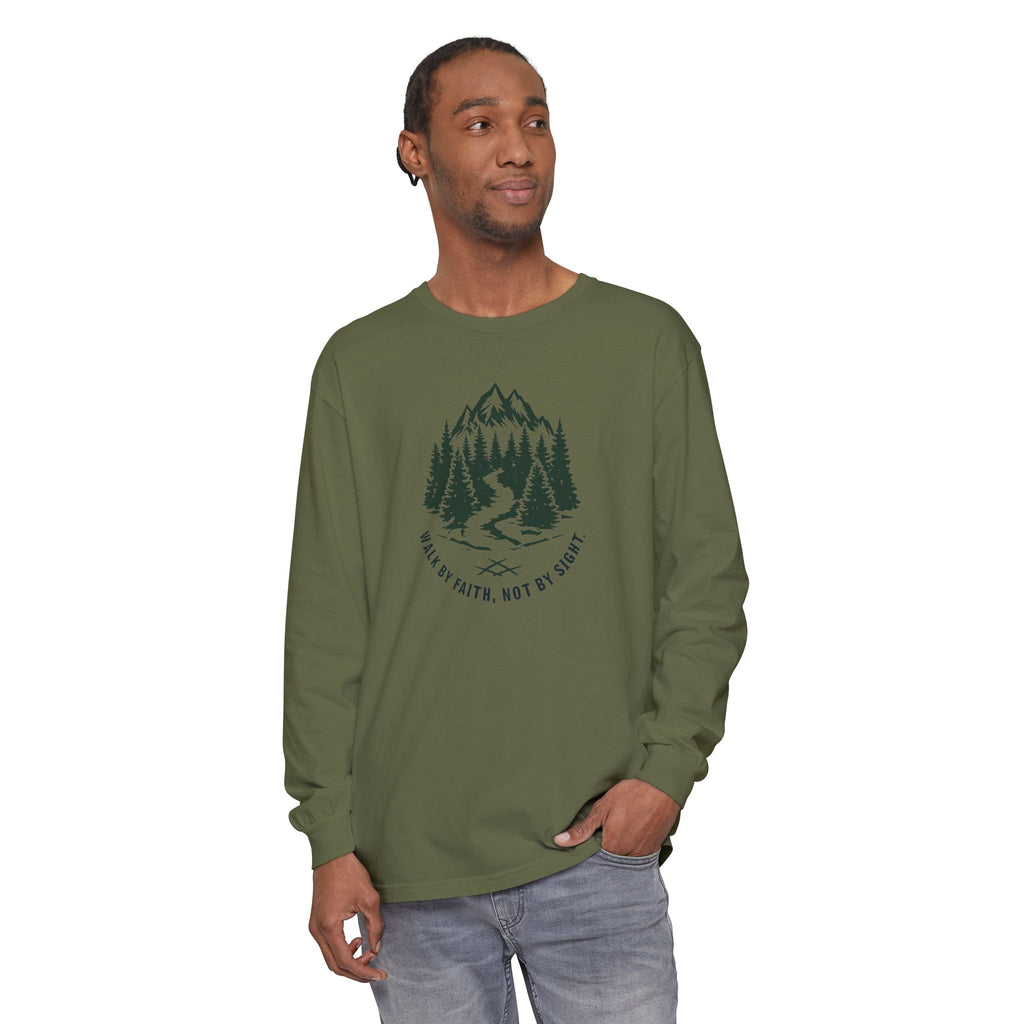 Walk by Faith, Not By Sight Comfort Colors Unisex Long Sleeve Shirt | Faith Mountain Graphic Tee | Garment Dyed Cotton