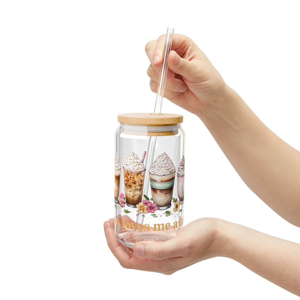 Jesus Loves Me a Latte Glass Cup | Christian Iced Coffee Cup with Lid & Straw | 16oz Faith Gift