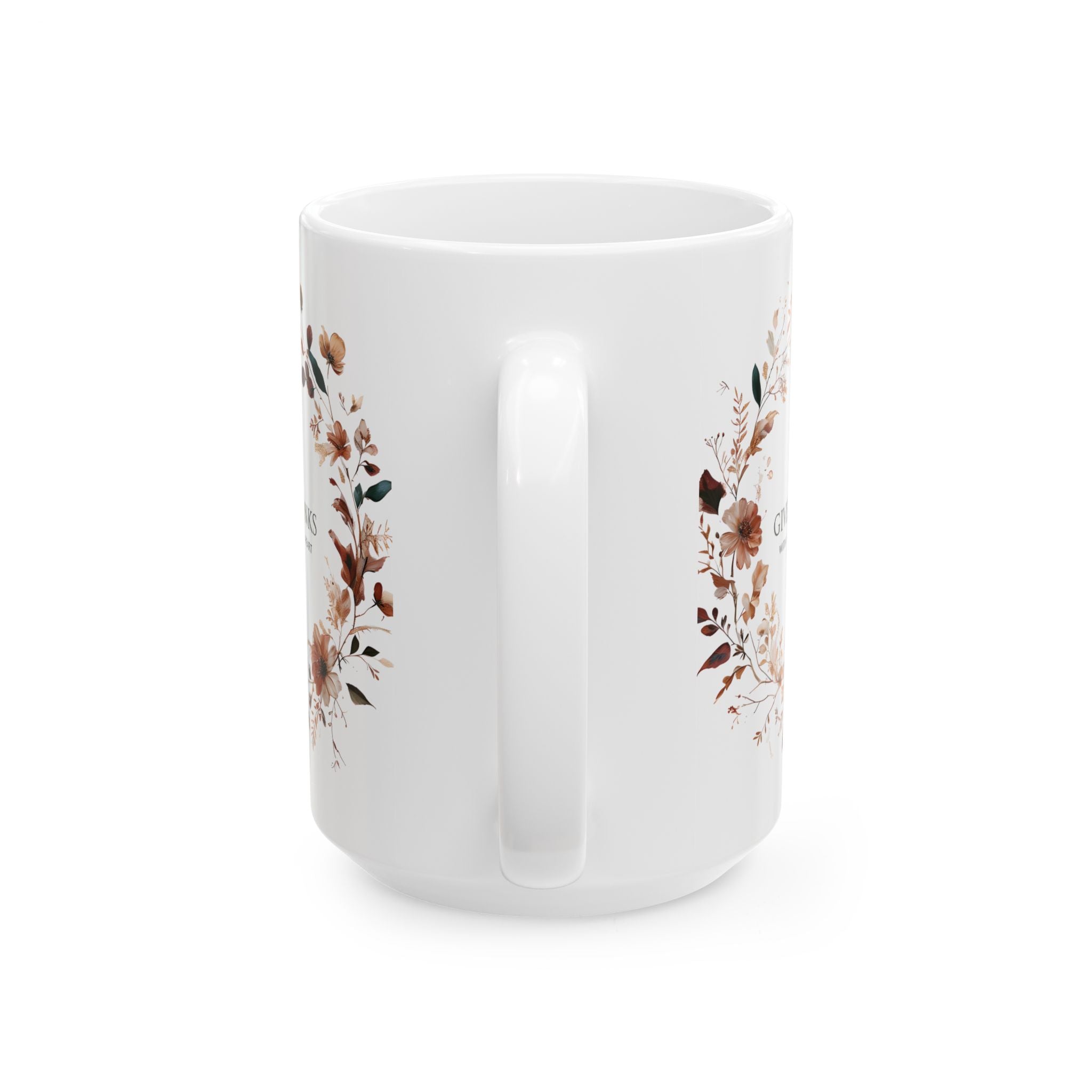 Give Thanks Floral Wreath Ceramic Mug | 11oz & 15oz | Cozy Coffee Cup, Gift for Her, Inspirational Tea Mug, Perfect for Birthdays & Anniversaries