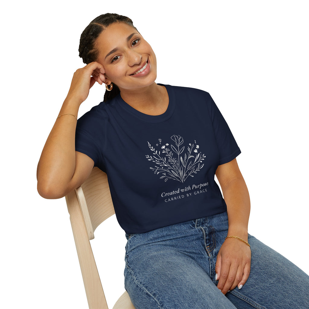 Created with Purpose Carried By Grace Christian Floral Gildan T-Shirt Women’s Faith Shirt Minimalist Design Soft Cotton Tee