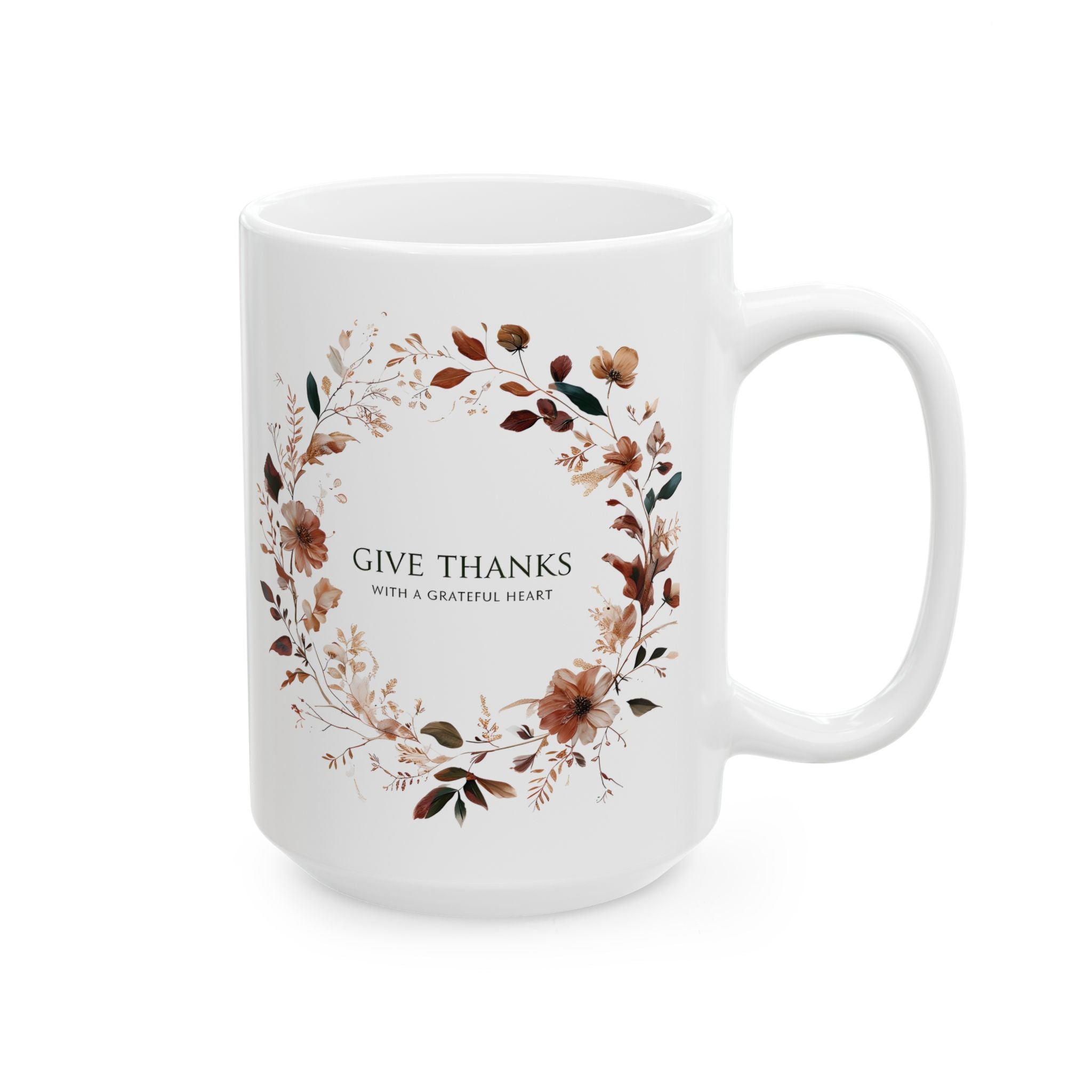 Give Thanks Floral Wreath Ceramic Mug | 11oz & 15oz | Cozy Coffee Cup, Gift for Her, Inspirational Tea Mug, Perfect for Birthdays & Anniversaries