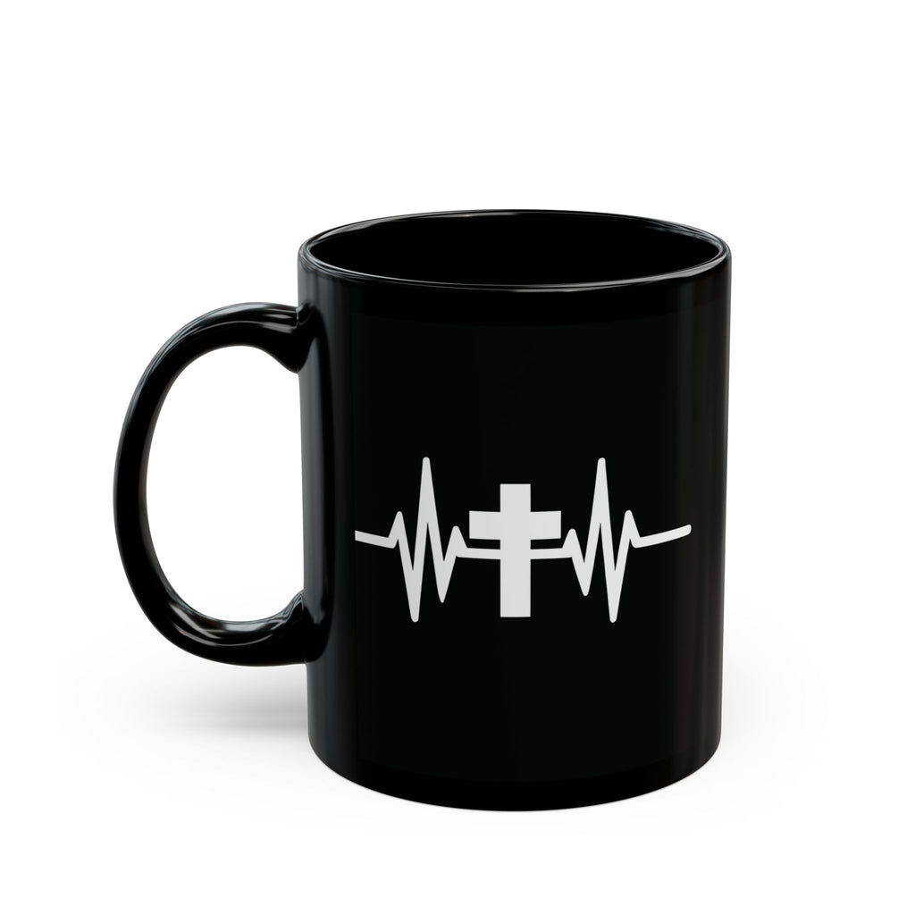 Christian Coffee Mug with Cross and Heartbeat Design – 11 oz - Faith-Based Ceramic Mug Gift | Inspirational Coffee Cup Gift
