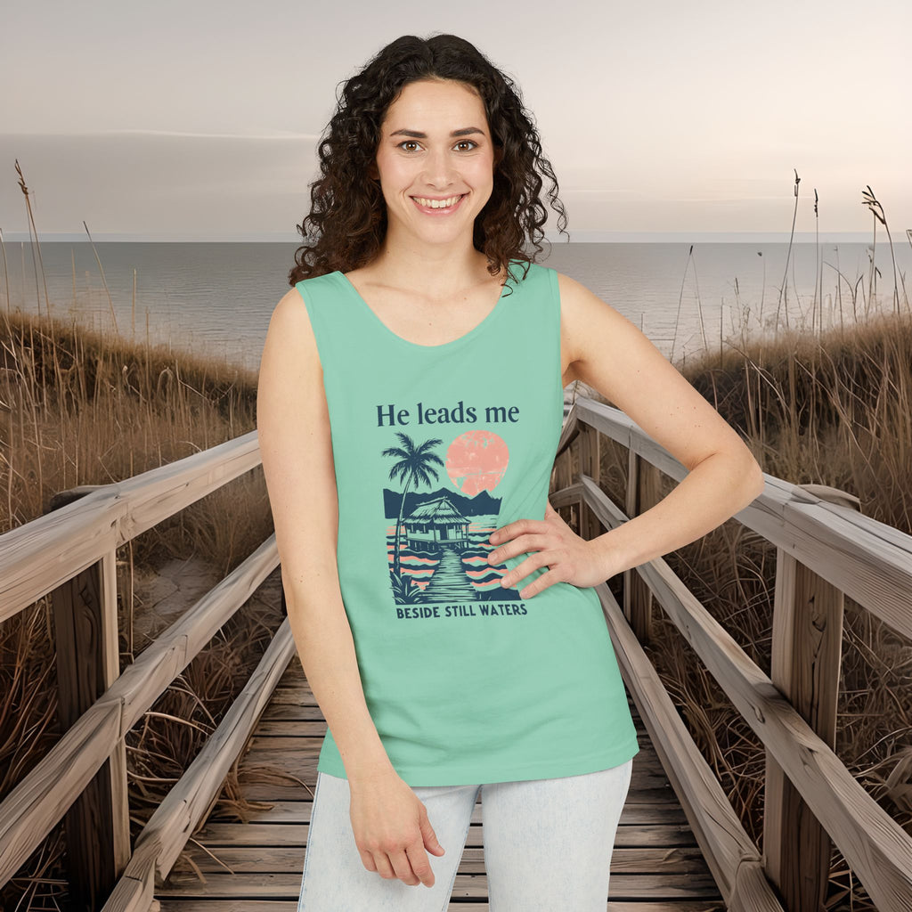 He Leads Me Beside Still Water Unisex Comfort Colors Tank Top | Psalms 23 | Christian Gift