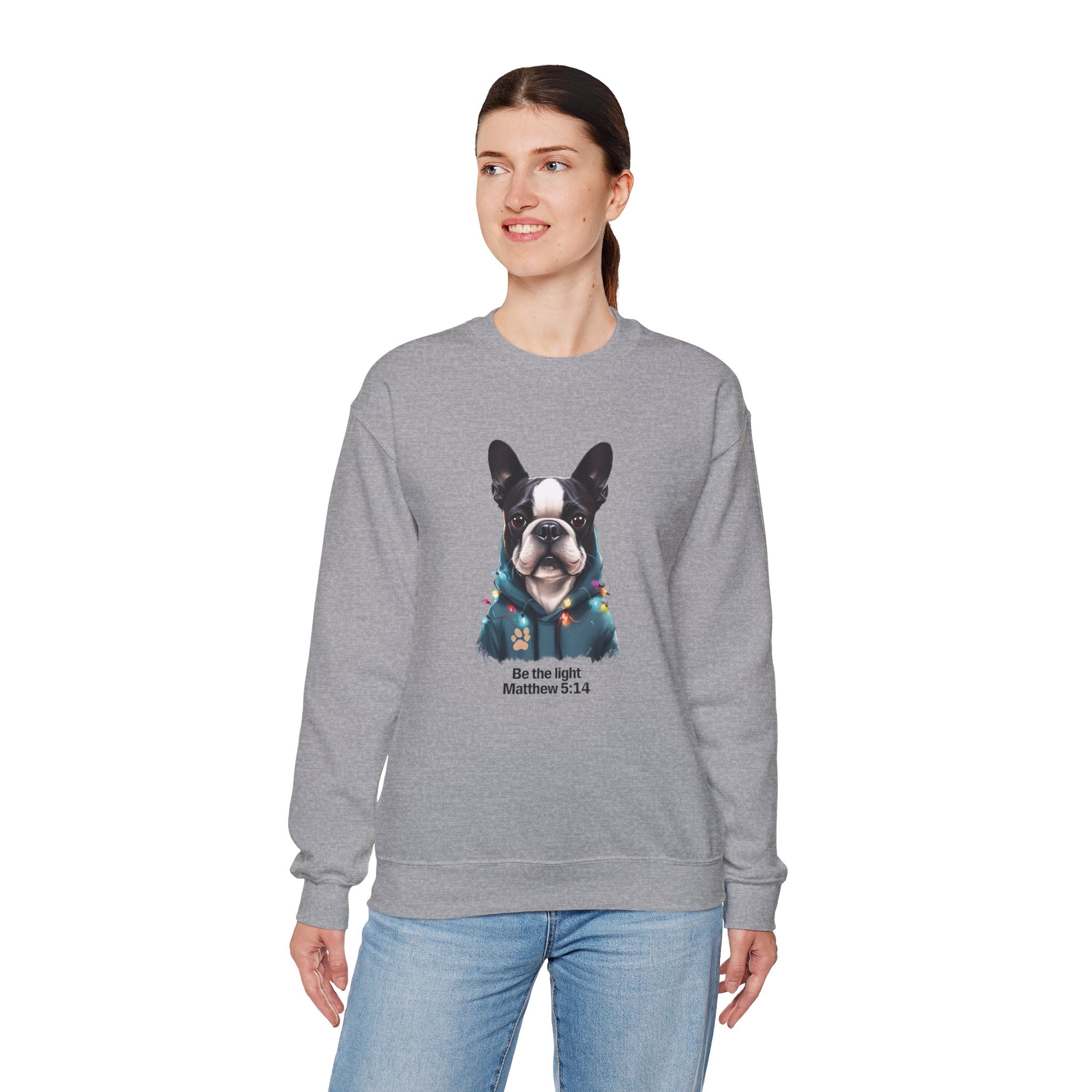 Be the Light Boston Terrier Christmas Gildan Sweatshirt | Christian Unisex Crewneck