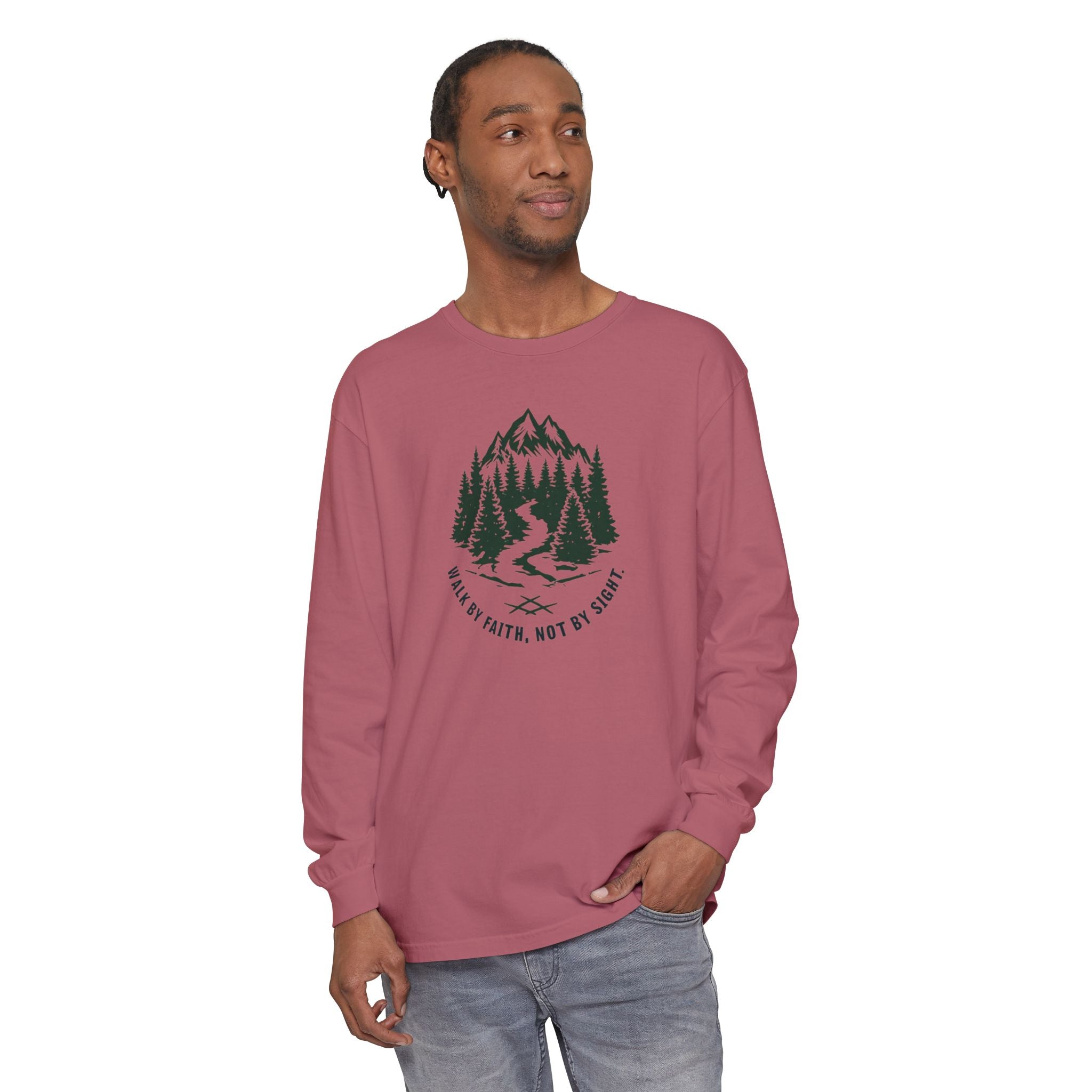 Walk by Faith, Not By Sight Comfort Colors Unisex Long Sleeve Shirt | Faith Mountain Graphic Tee | Garment Dyed Cotton