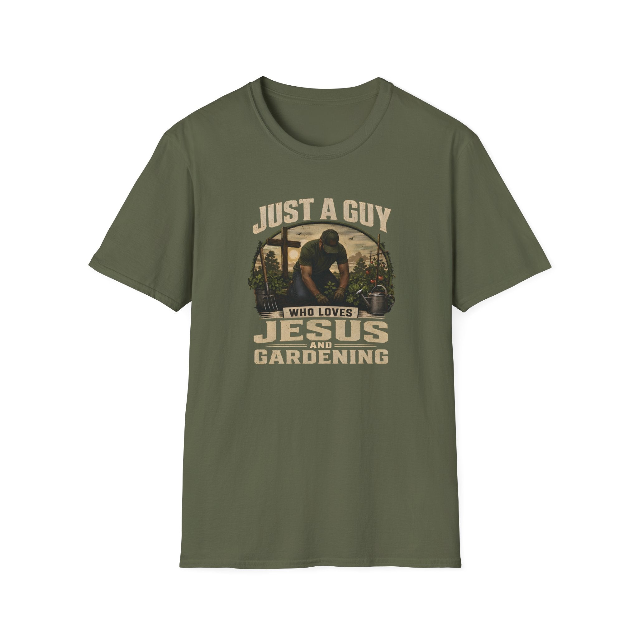 Just A Guy Who Loves Jesus And Gardening Gildan Christian T-Shirt for Men | Faith Based Gardening Shirt | Gardener Gift Tee