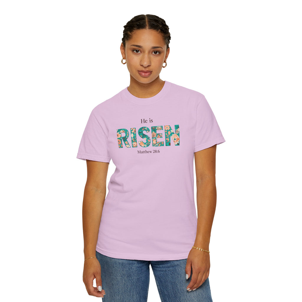 He is RISEN Christian T-Shirt | Easter Women’s Faith Shirt | Scripture Tee Matthew 28:6 | Floral Graphic | Garment-Dyed Cotton | S-4XL