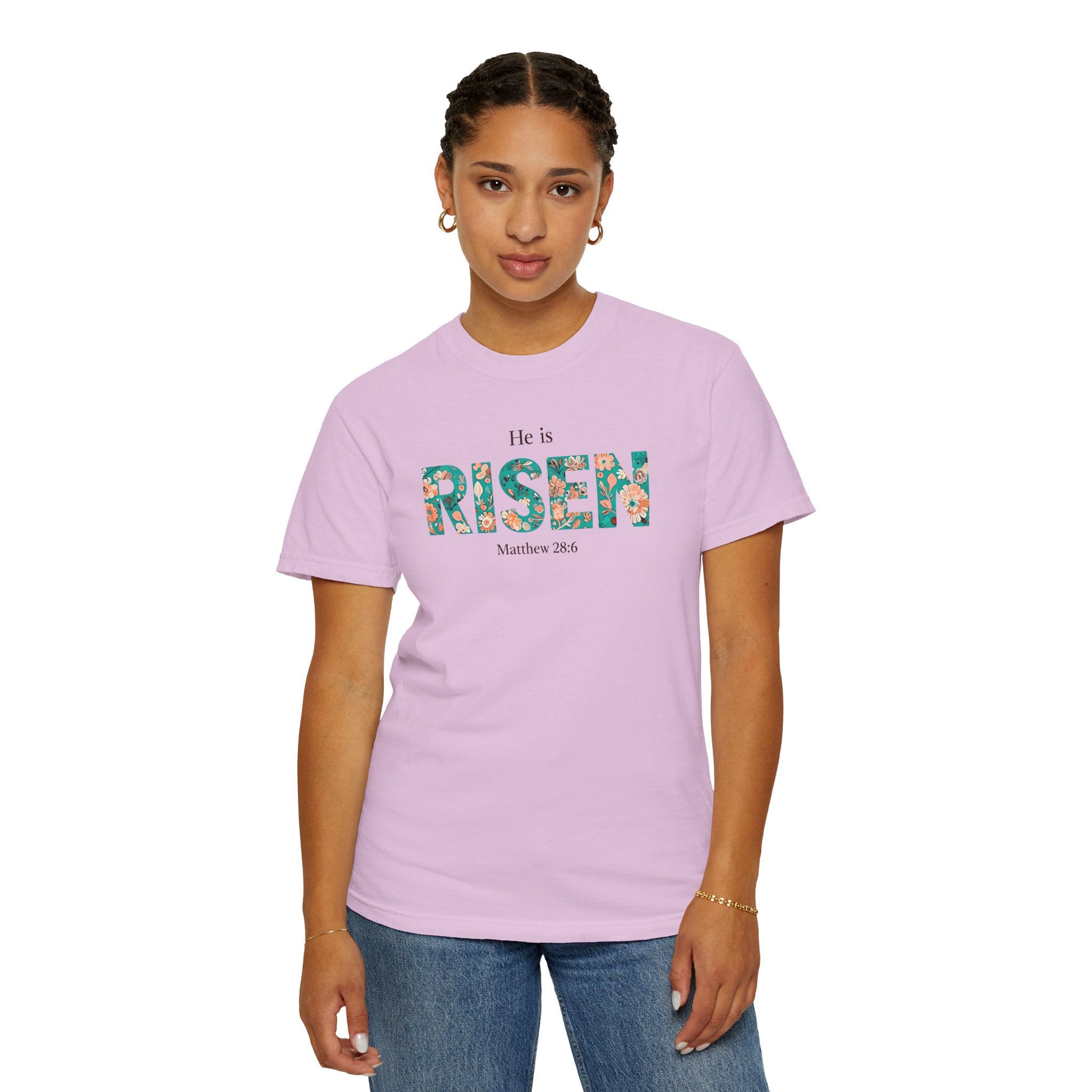 He is RISEN Christian T-Shirt | Easter Women’s Faith Shirt | Scripture Tee Matthew 28:6 | Floral Graphic | Garment-Dyed Cotton | S-4XL