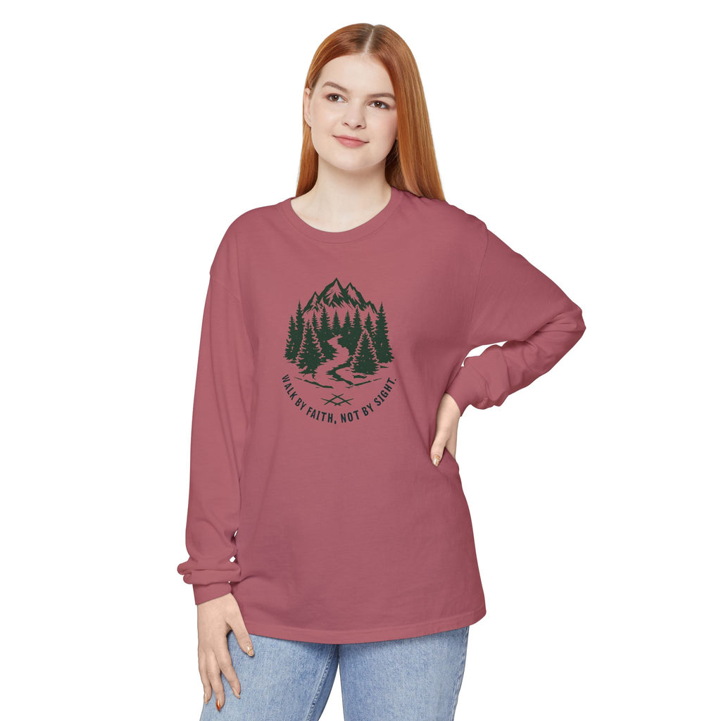 Walk by Faith, Not By Sight Comfort Colors Unisex Long Sleeve Shirt | Faith Mountain Graphic Tee | Garment Dyed Cotton