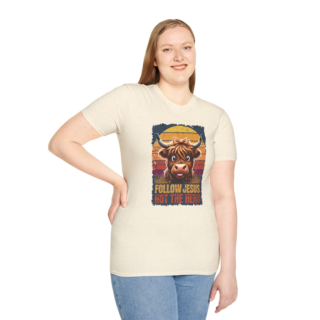Follow Jesus Not The Herd Gildan Softstyle Unisex Tshirt | Highland Cow Christian Graphic T Shirt