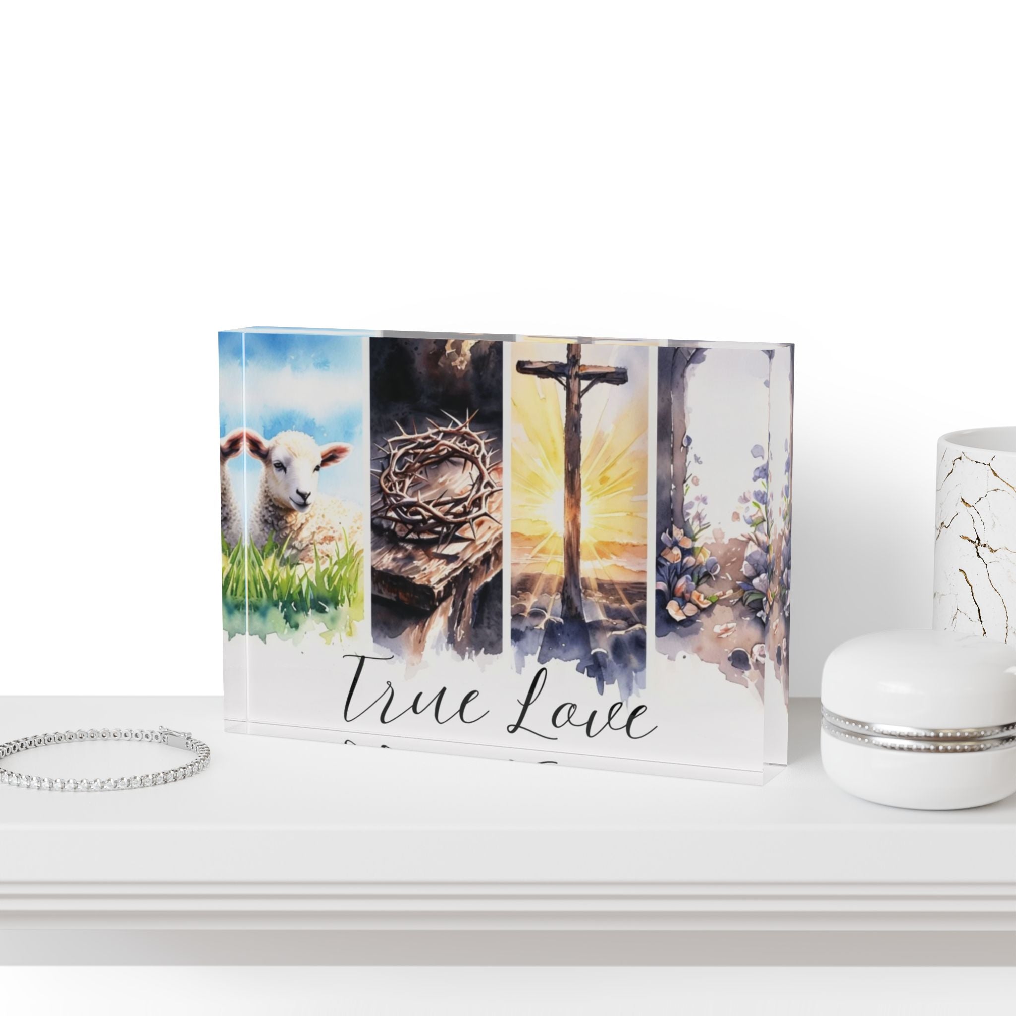 True Love Easter Christian acrylic photo block — faith home decor gift for her scripture art