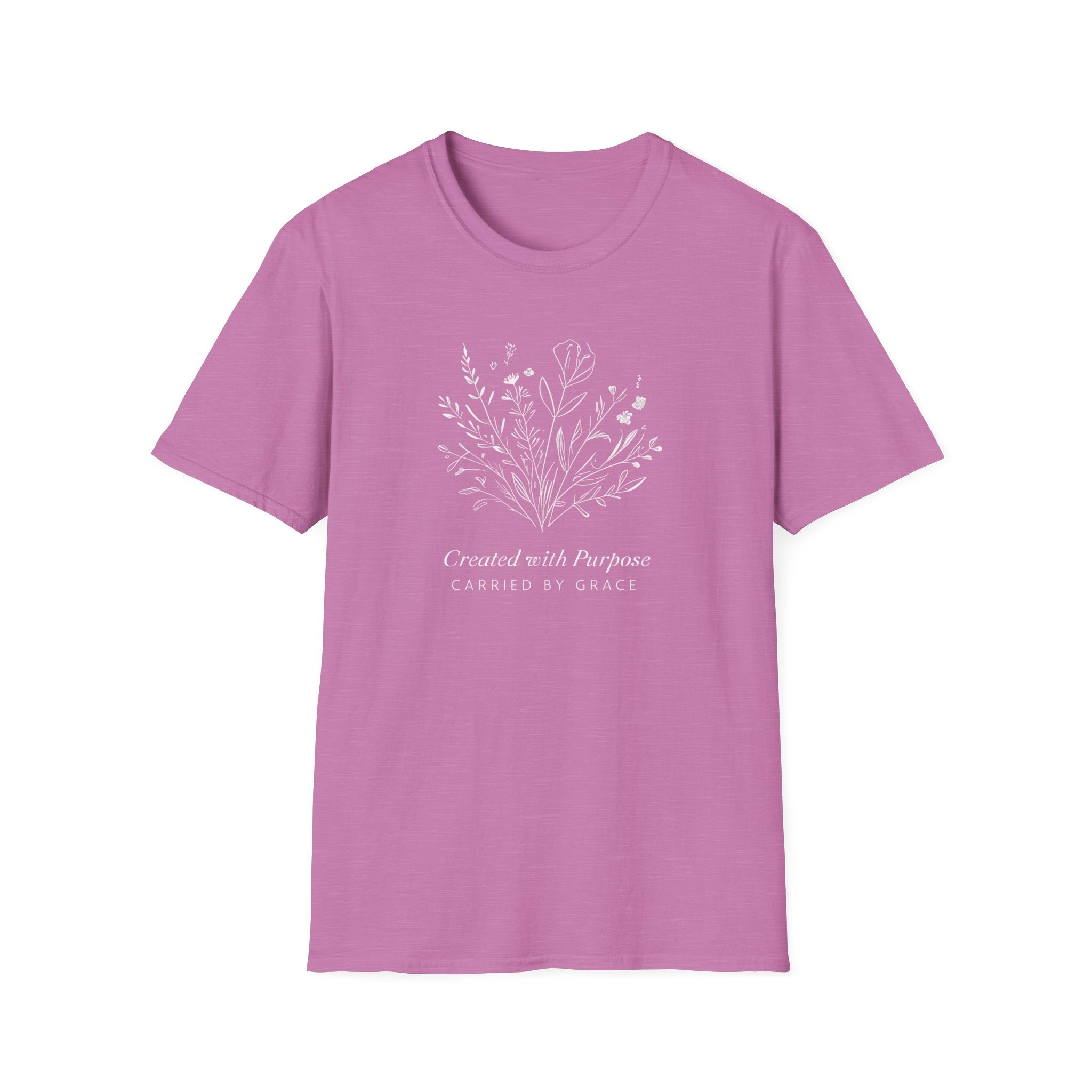 Created with Purpose Carried By Grace Christian Floral Gildan T-Shirt Women’s Faith Shirt Minimalist Design Soft Cotton Tee