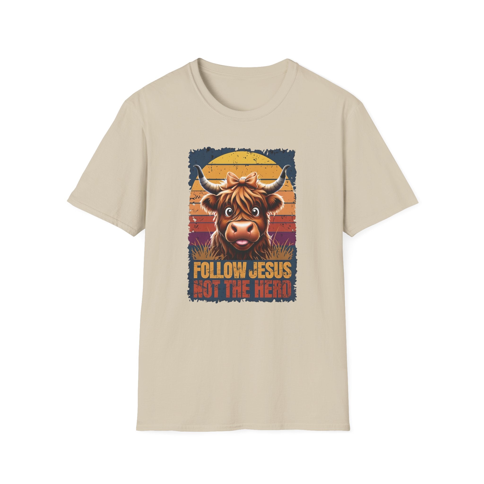 Follow Jesus Not The Herd Gildan Softstyle Unisex Tshirt | Highland Cow Christian Graphic T Shirt