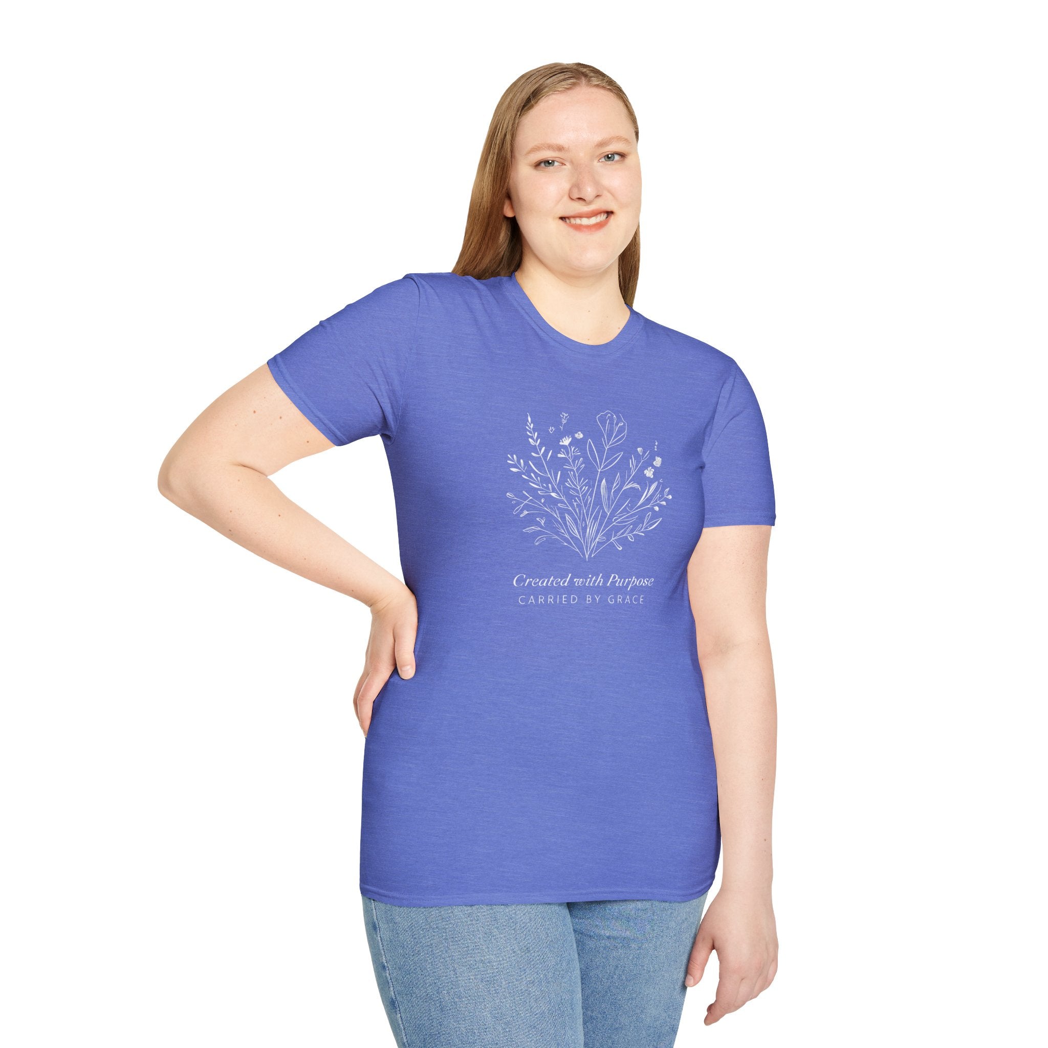Created with Purpose Carried By Grace Christian Floral Gildan T-Shirt Women’s Faith Shirt Minimalist Design Soft Cotton Tee