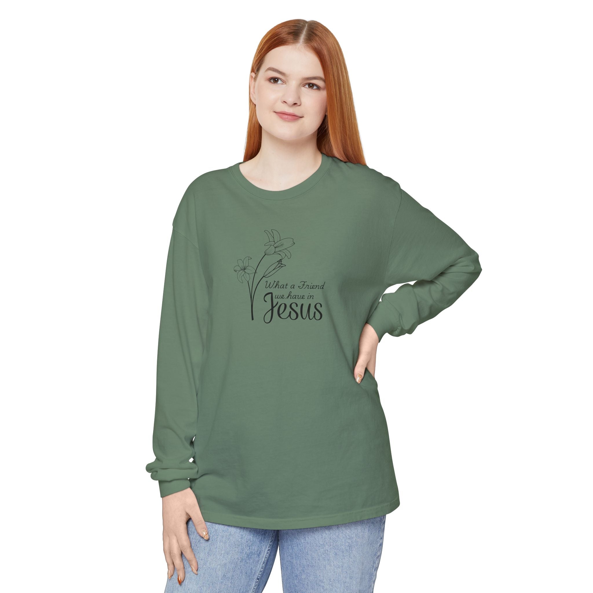 What a Friend We Have in Jesus Comfort Colors Unisex Long Sleeve Shirt | Christian Floral Tee