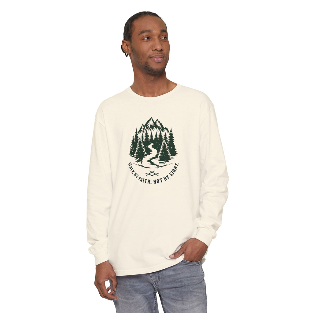 Walk by Faith, Not By Sight Comfort Colors Unisex Long Sleeve Shirt | Faith Mountain Graphic Tee | Garment Dyed Cotton