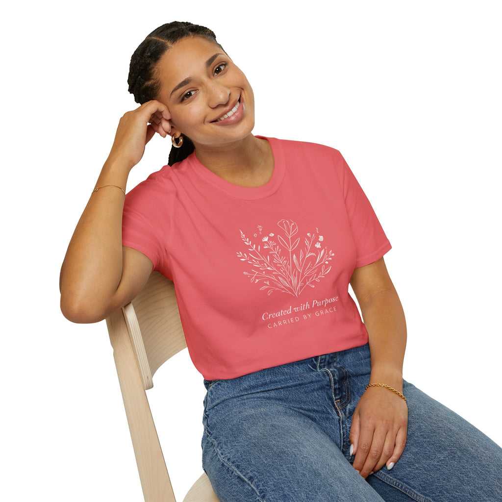 Created with Purpose Carried By Grace Christian Floral Gildan T-Shirt Women’s Faith Shirt Minimalist Design Soft Cotton Tee
