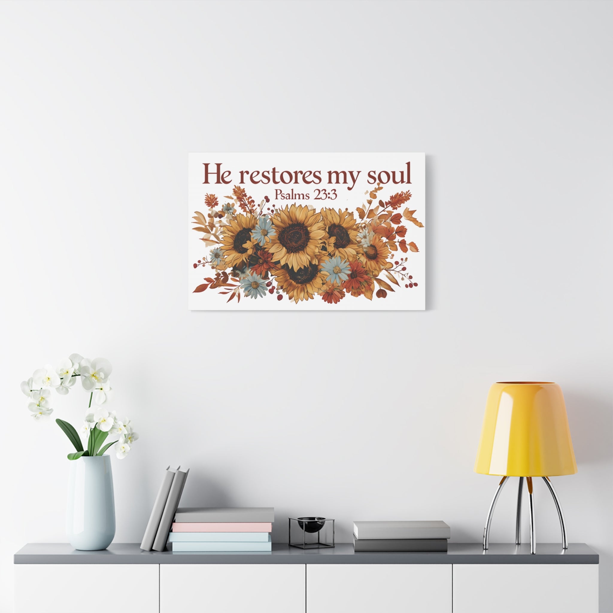 Psalm 23:3 Canvas Wall Art | Christian Sunflower Home Decor | Faith Gift