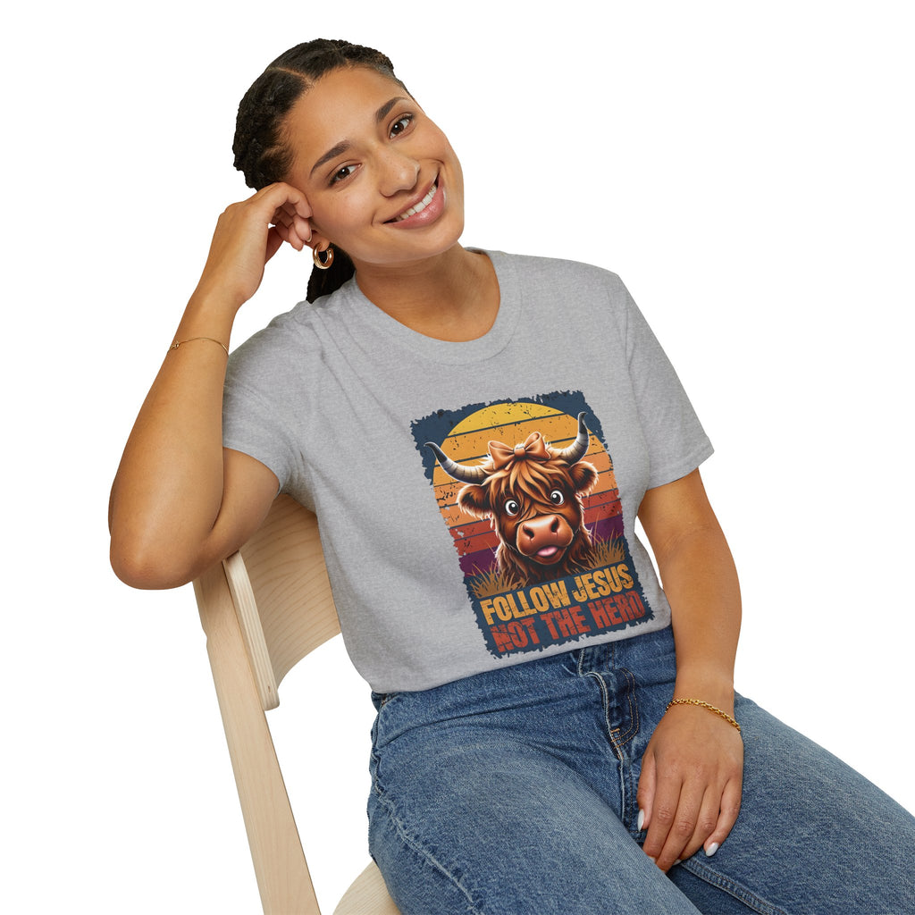 Follow Jesus Not The Herd Gildan Softstyle Unisex Tshirt | Highland Cow Christian Graphic T Shirt