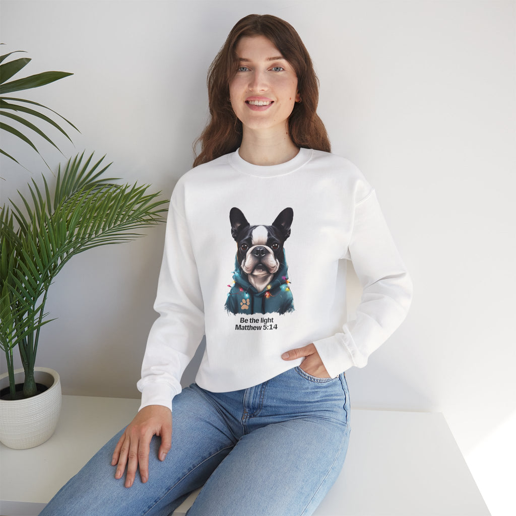 Be the Light Boston Terrier Christmas Gildan Sweatshirt | Christian Unisex Crewneck