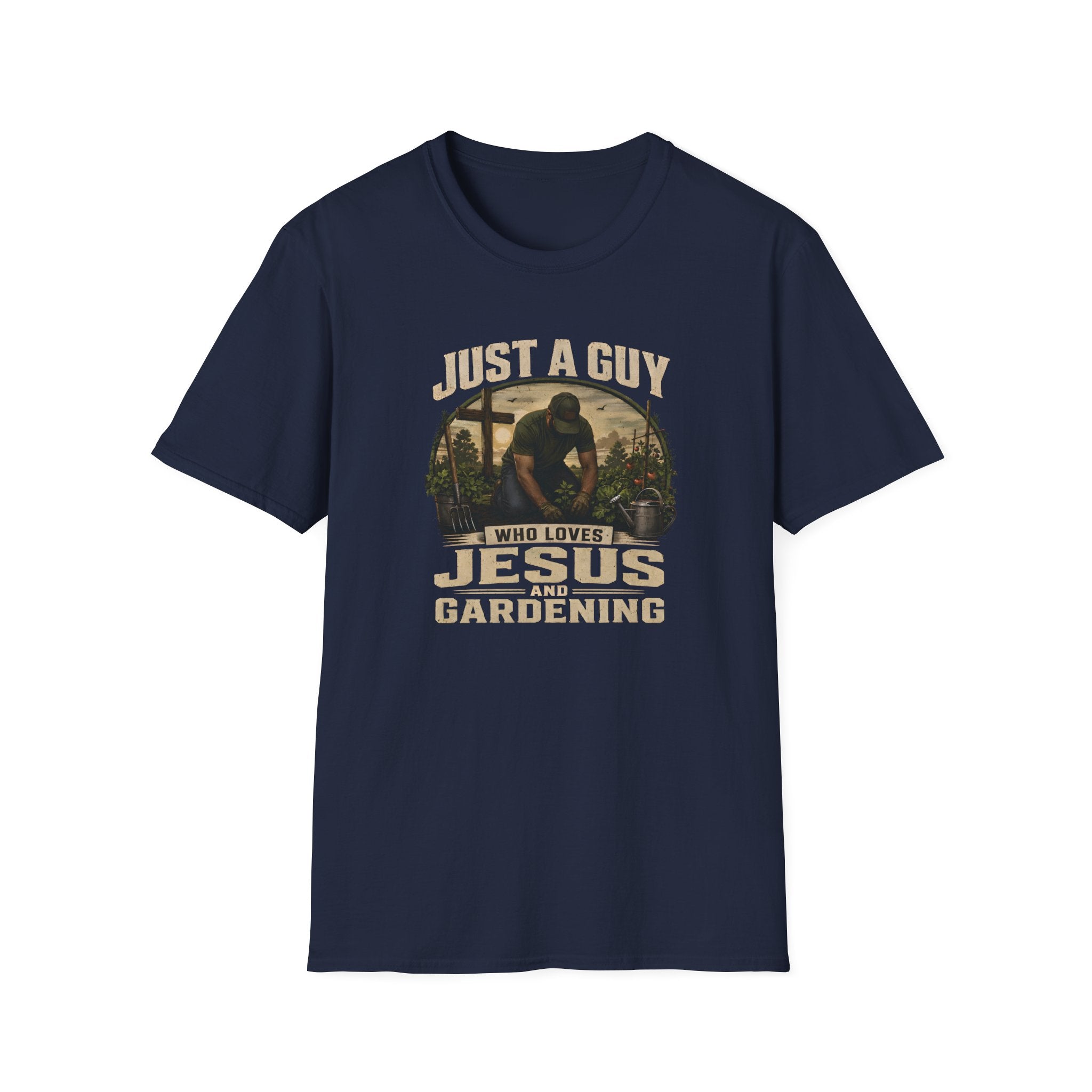 Just A Guy Who Loves Jesus And Gardening Gildan Christian T-Shirt for Men | Faith Based Gardening Shirt | Gardener Gift Tee