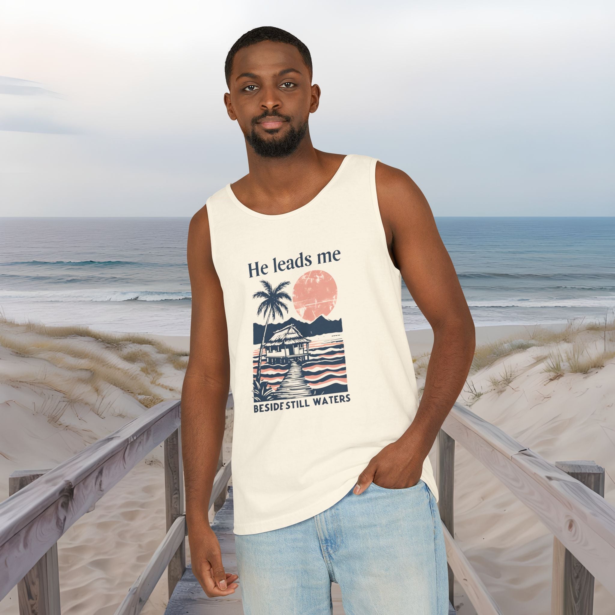 He Leads Me Beside Still Water Unisex Comfort Colors Tank Top | Psalms 23 | Christian Gift
