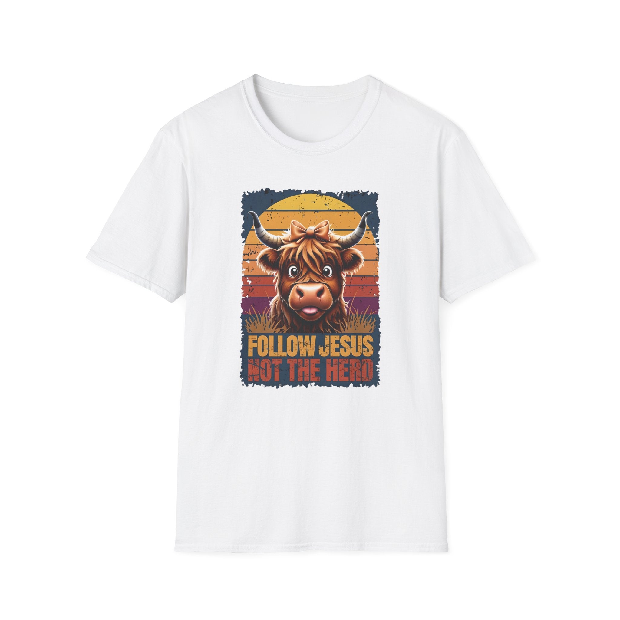 Follow Jesus Not The Herd Gildan Softstyle Unisex Tshirt | Highland Cow Christian Graphic T Shirt