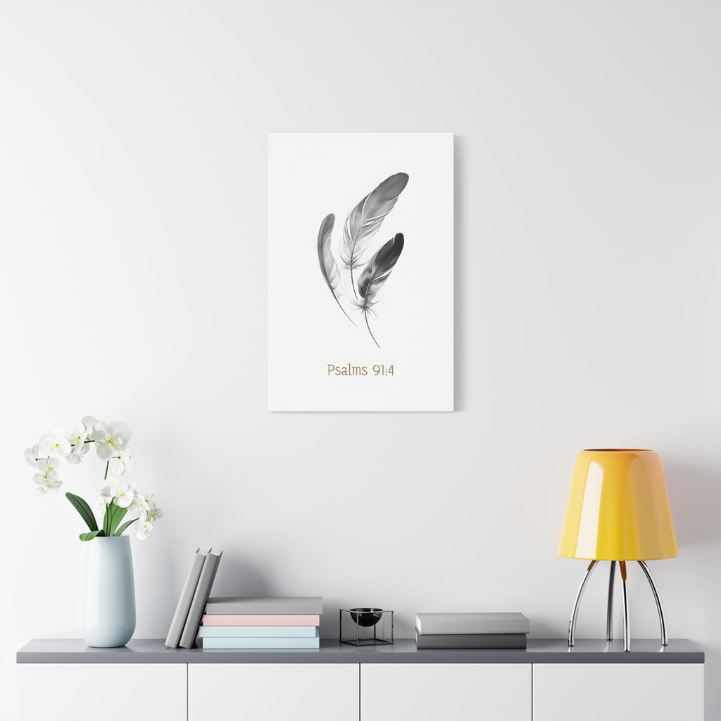 Psalm 91:4 Feather Canvas Wall Art – Christian Scripture Home Decor – Bible Verse Matte Canvas Print
